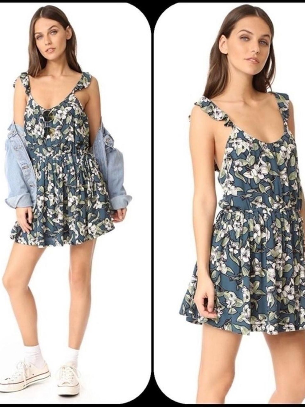 Free People Dear You Navy Blue Floral Ruffle Strap Mini Dress